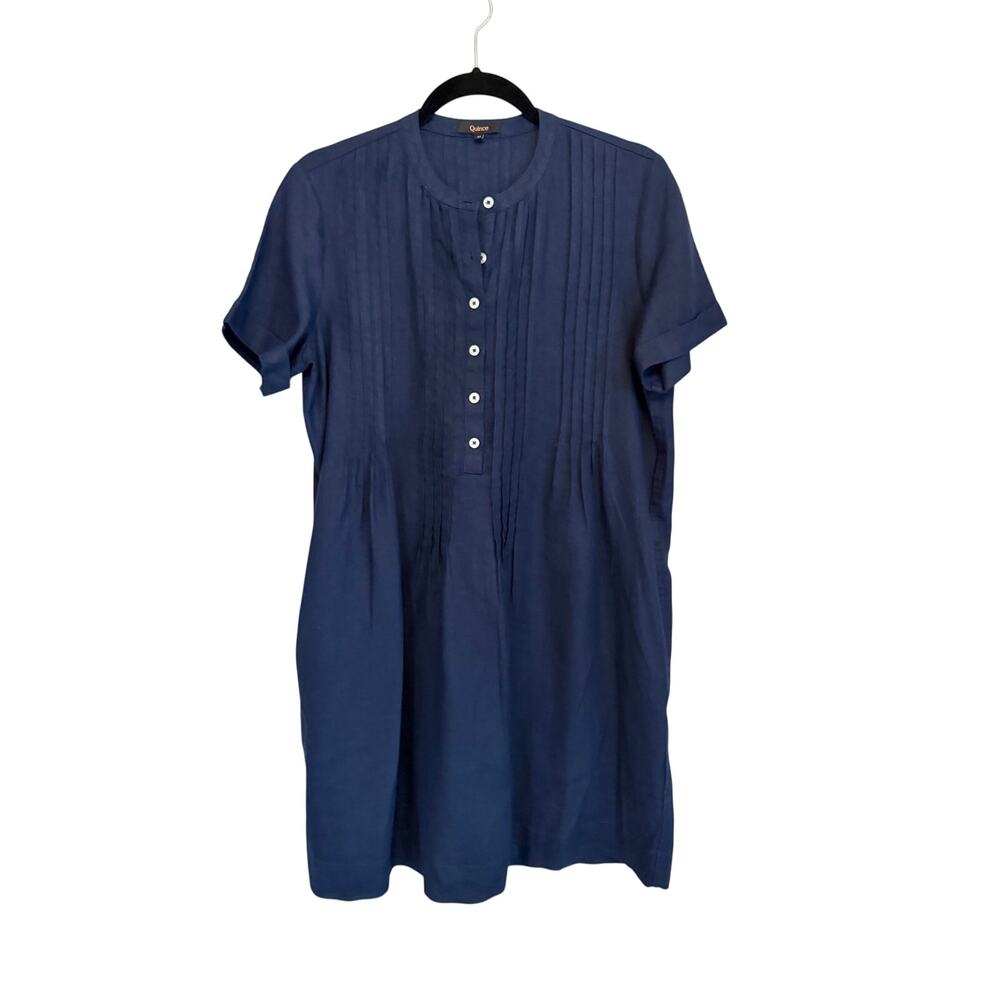 Quince Linen Dress M Blue Pocket Pleated Shift Summer Casual Coastal Minimalist